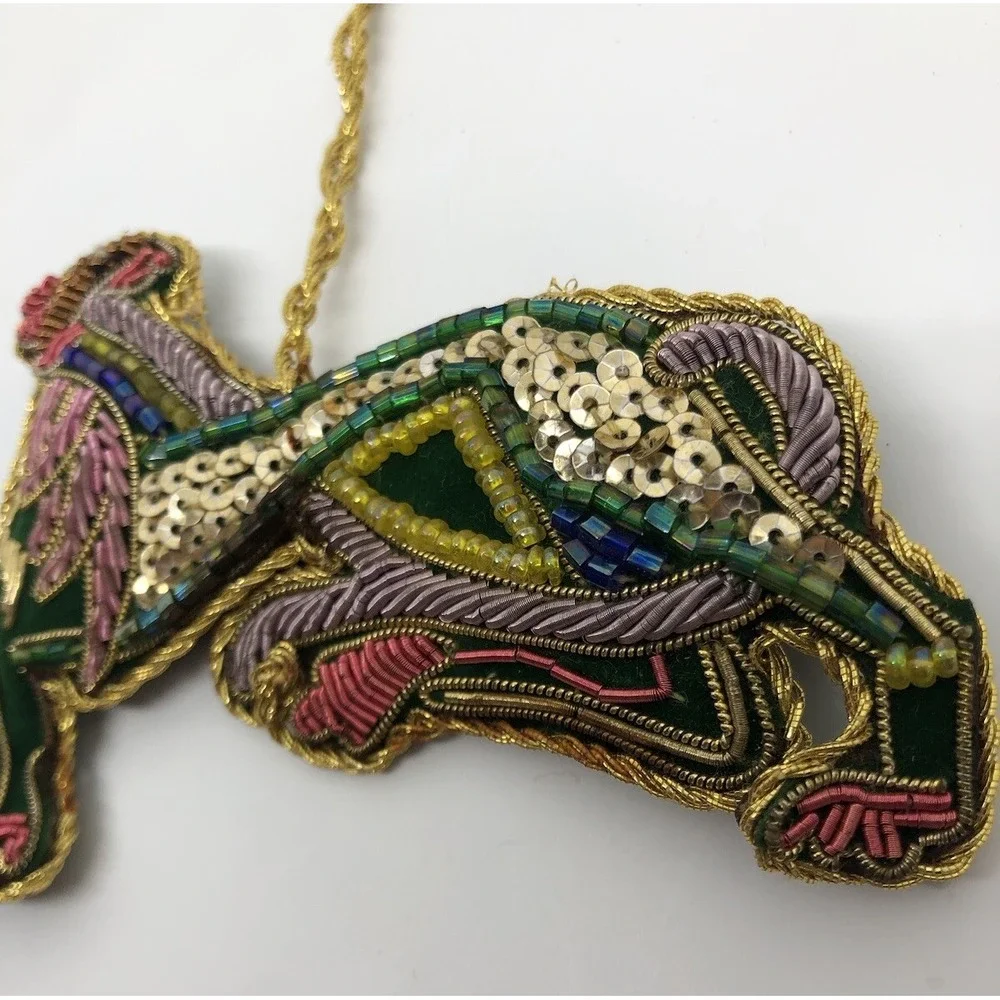 Vintage Raised Beadwork On‎ Felt Ornament Lion Large Cat Christmas Decoration